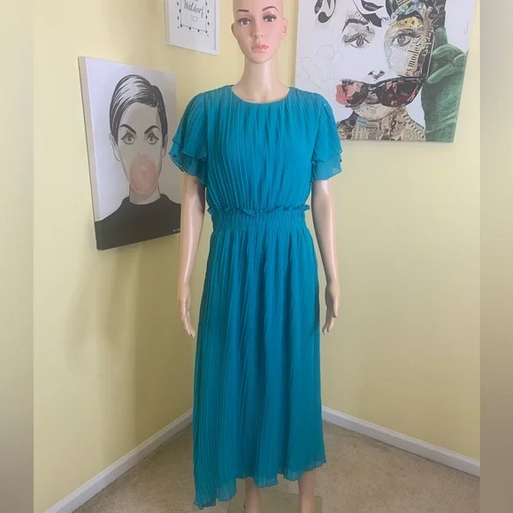 💫HP‼️💫 NWT ZARA Pleated Midi Dress in Teal, Size Medium - Picture 9 of 11